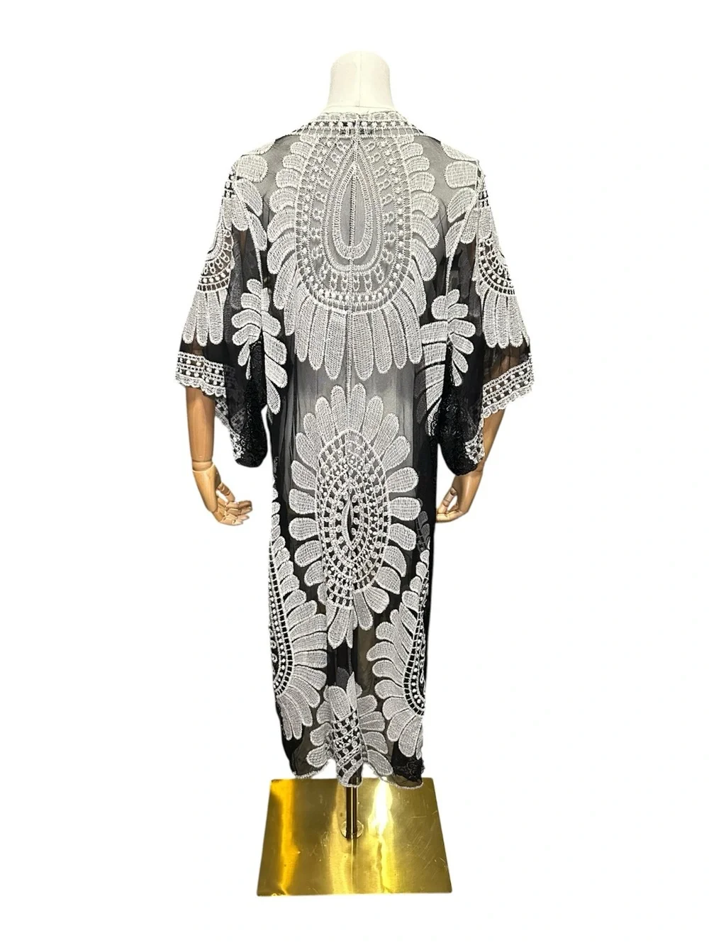 Black & White Embroidered Swim Cover-Up Kimono - Picture 5 of 9
